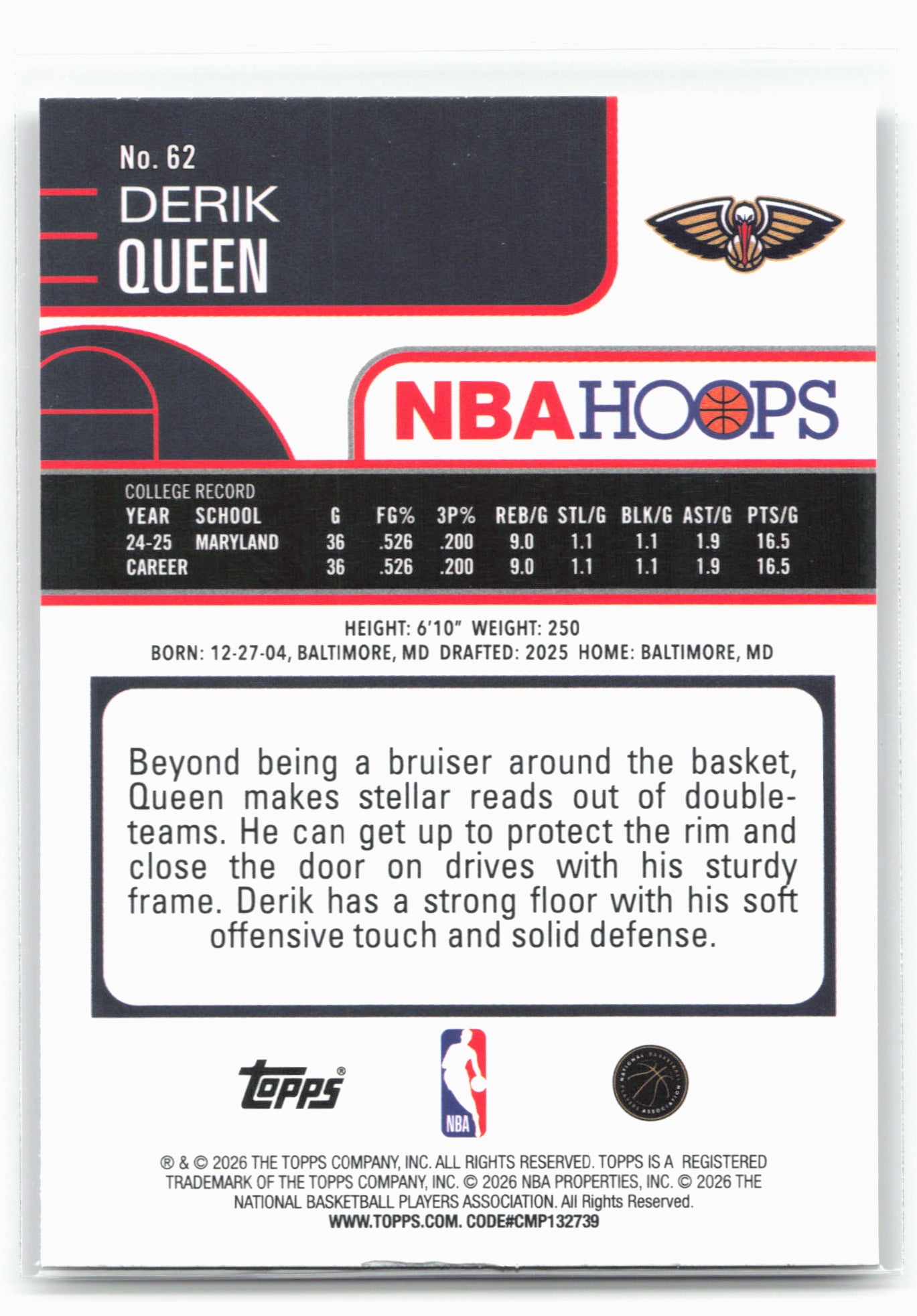 2025-26 Hoops #62 Derik Queen 29321