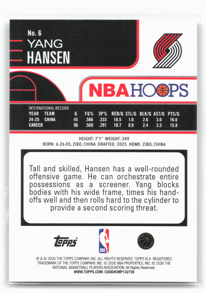 2025-26 Hoops #6 Yang Hansen 29322