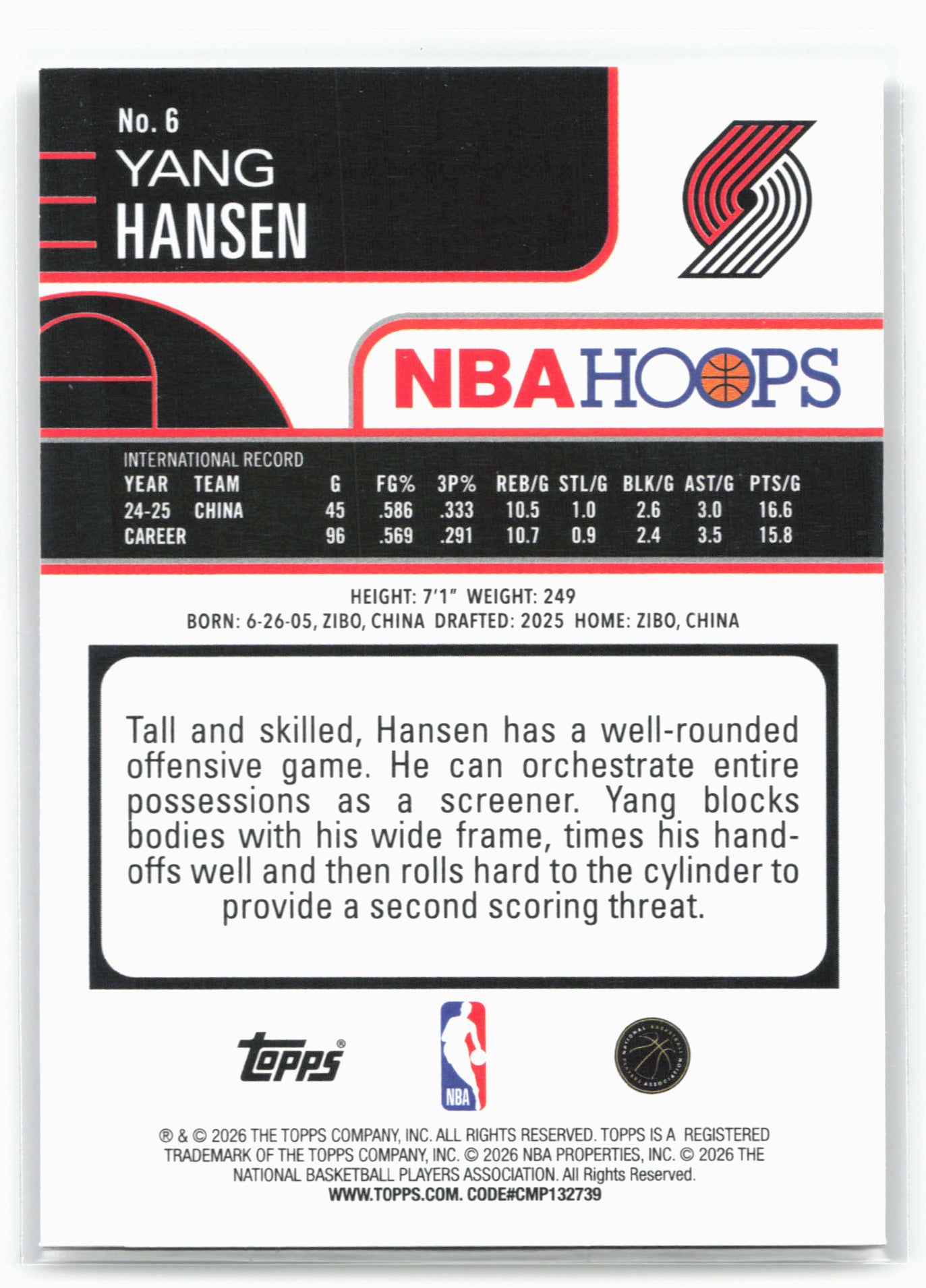 2025-26 Hoops #6 Yang Hansen 29323