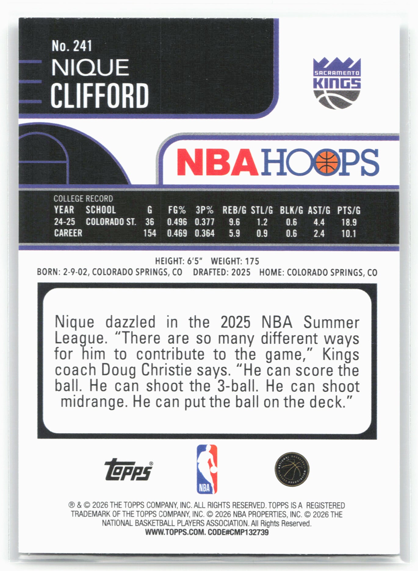 2025-26 Hoops #241 Nique Clifford 29325