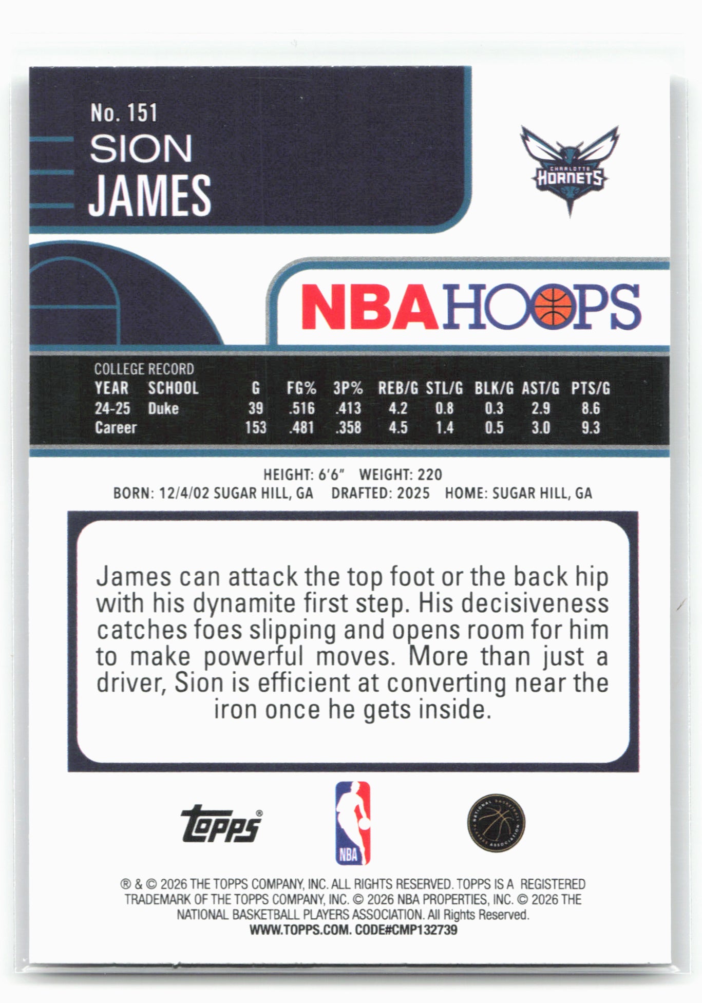 2025-26 Hoops #151 Sion James 29328