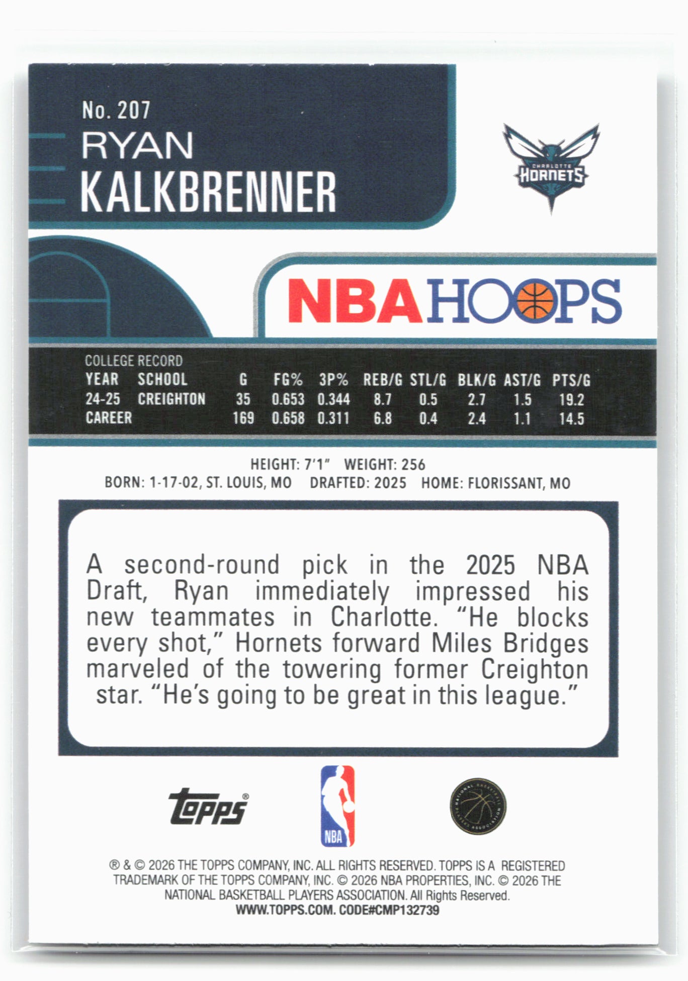 2025-26 Hoops #207 Ryan Kalkbrenner 29329