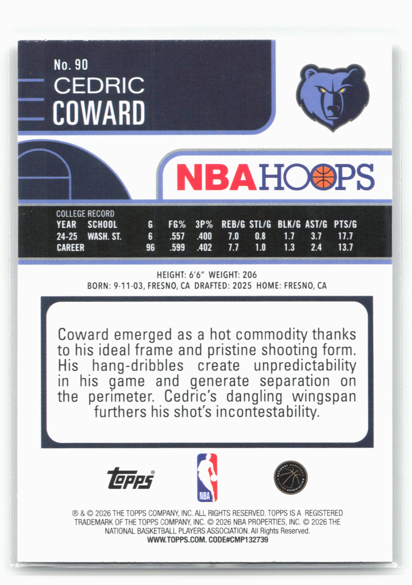 2025-26 Hoops #90 Cedric Coward 29334