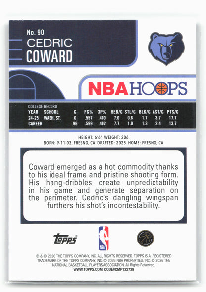 2025-26 Hoops #90 Cedric Coward 29334