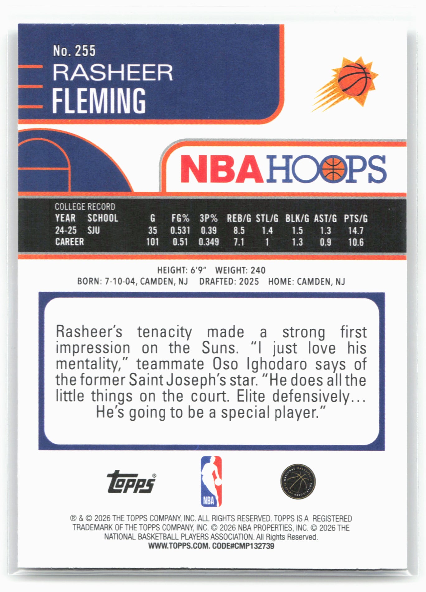 2025-26 Hoops #255 Rasheer Fleming 29338