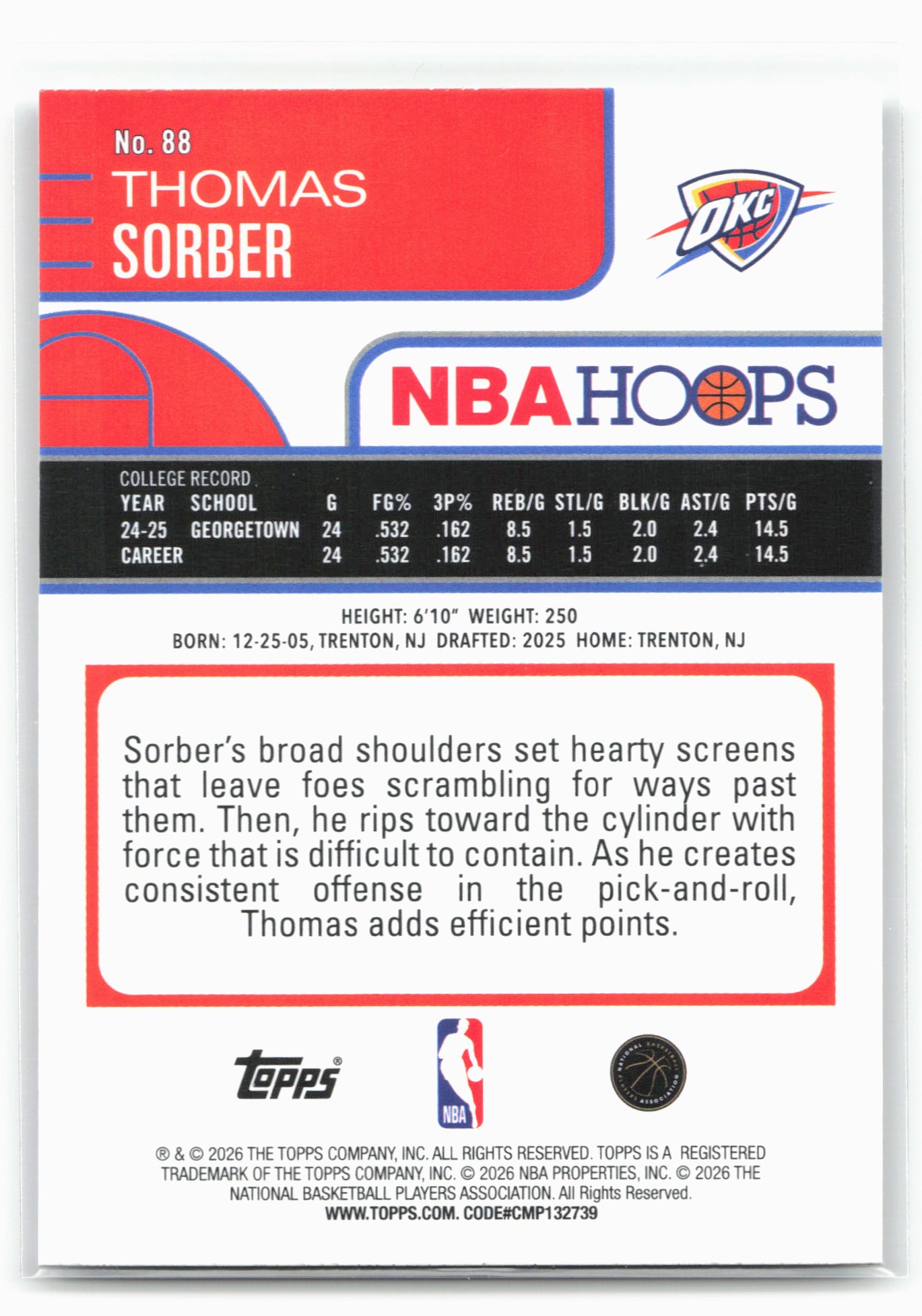2025-26 Hoops #88 Thomas Sorber 29354