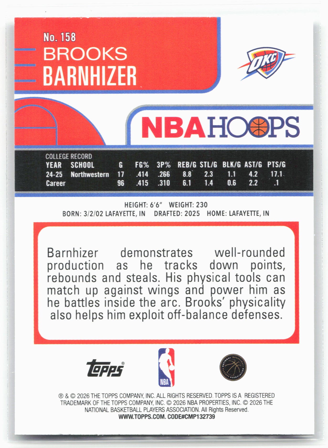 2025-26 Hoops #158 Brooks Barnhizer 29356