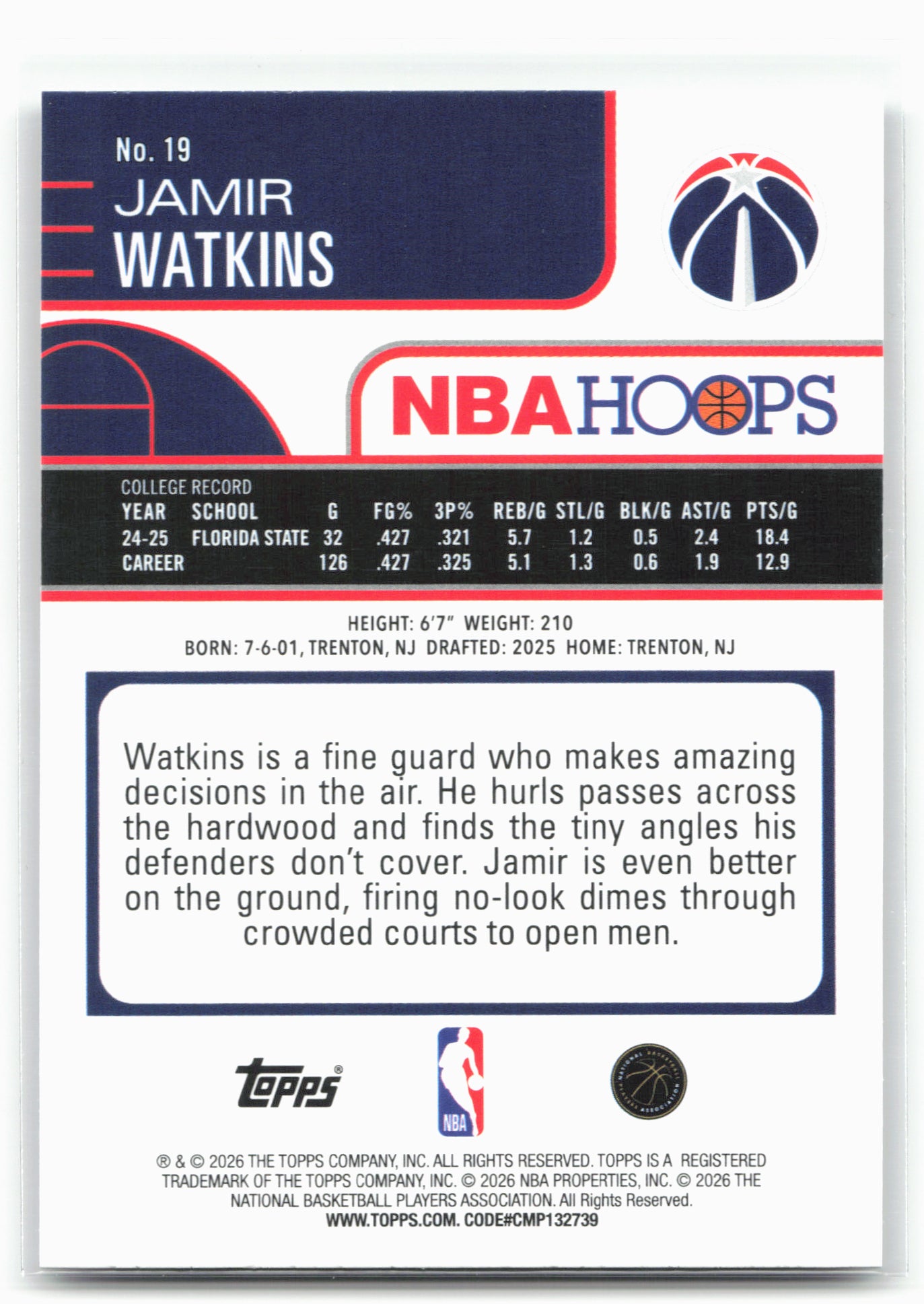 2025-26 Hoops #19 Jamir Watkins 29364