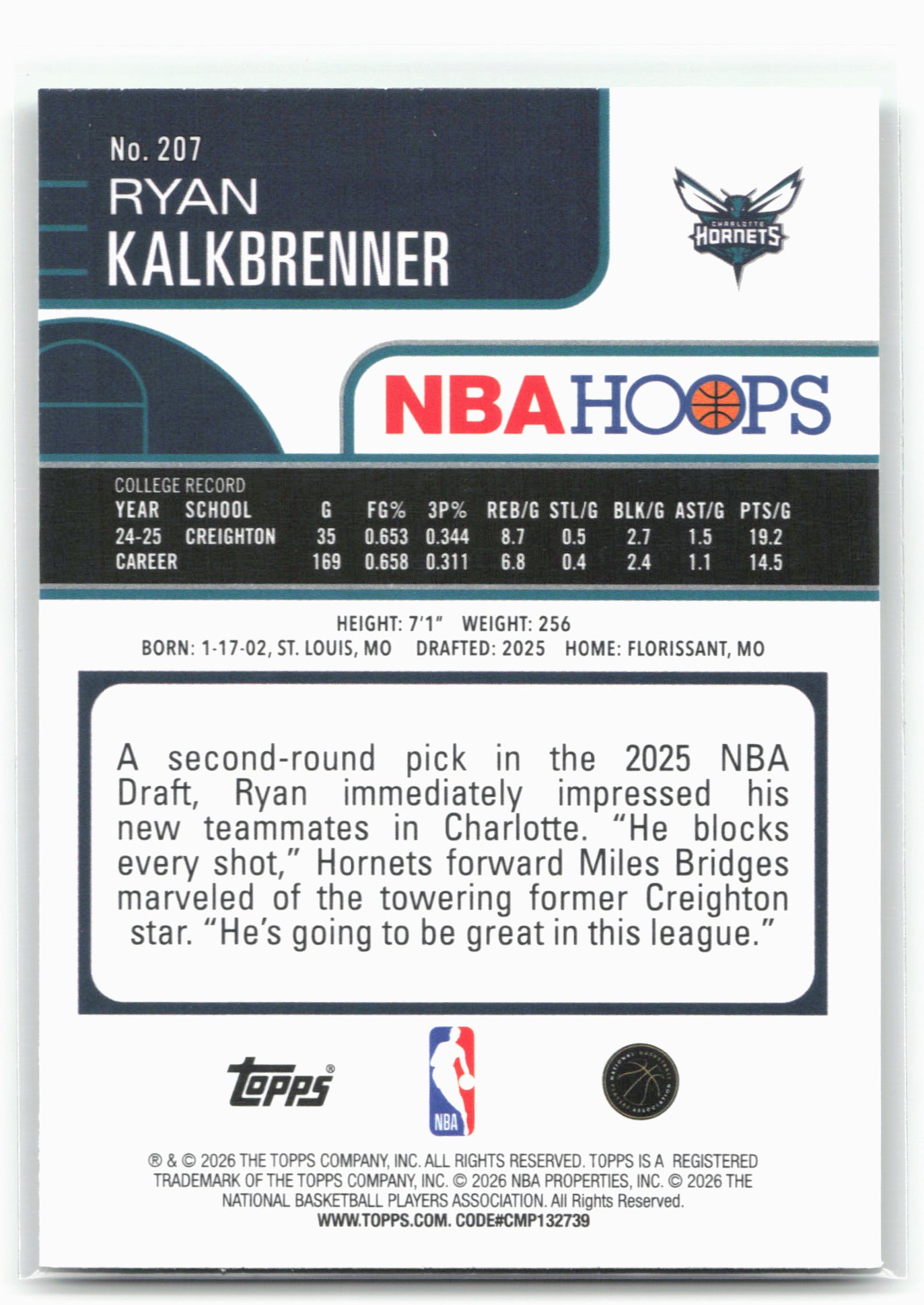 2025-26 Hoops #207 Ryan Kalkbrenner Green Hoops 29369