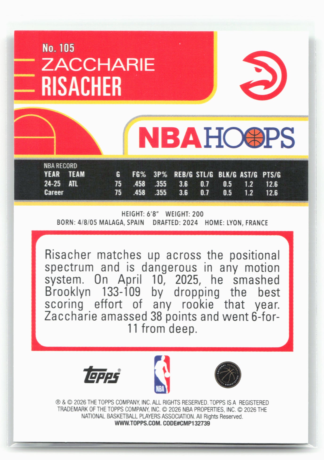 2025-26 Hoops #105 Zaccharie Risacher Green Hoops 29370