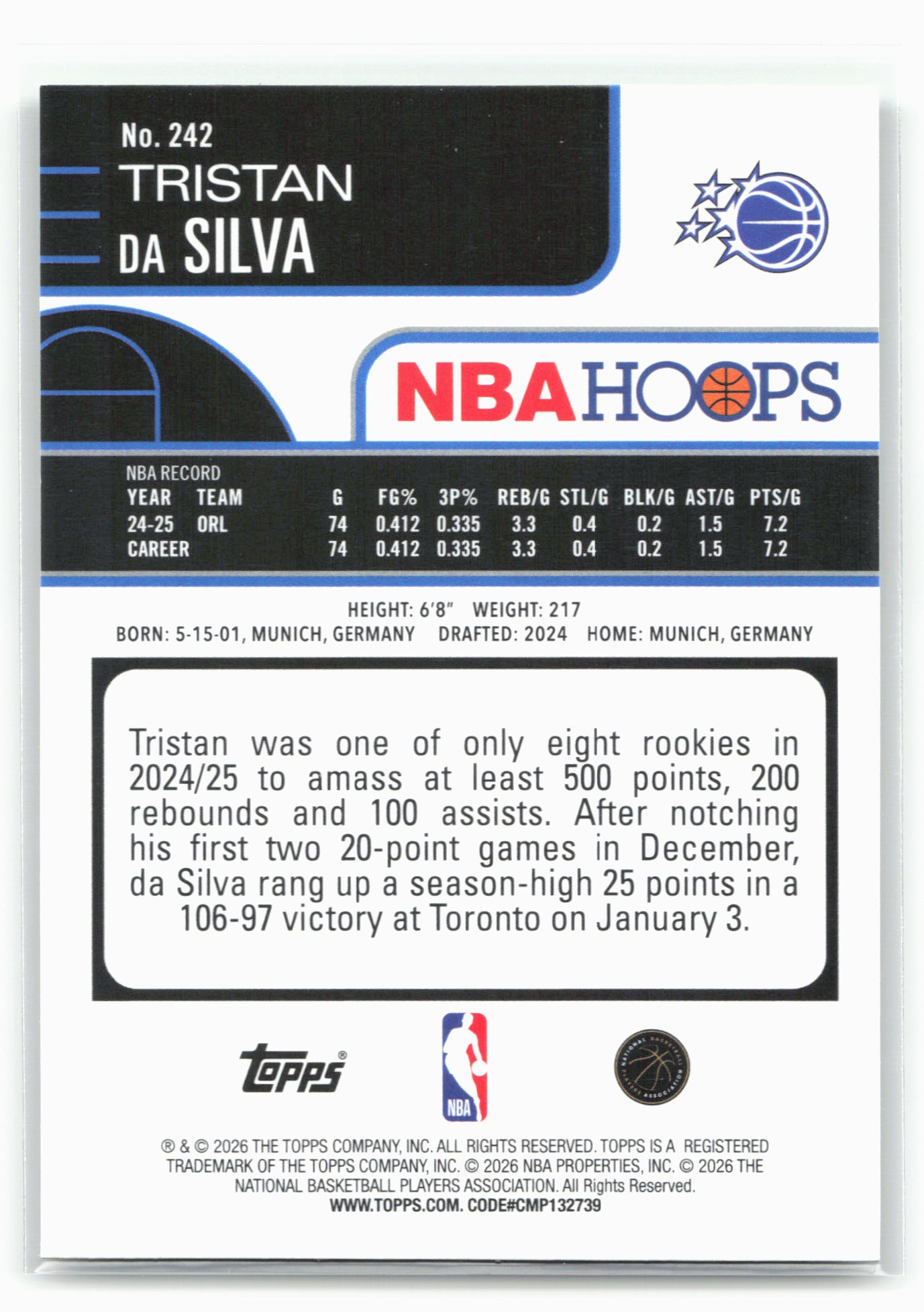 2025-26 Hoops #242 Tristan da Silva Green Hoops 29371