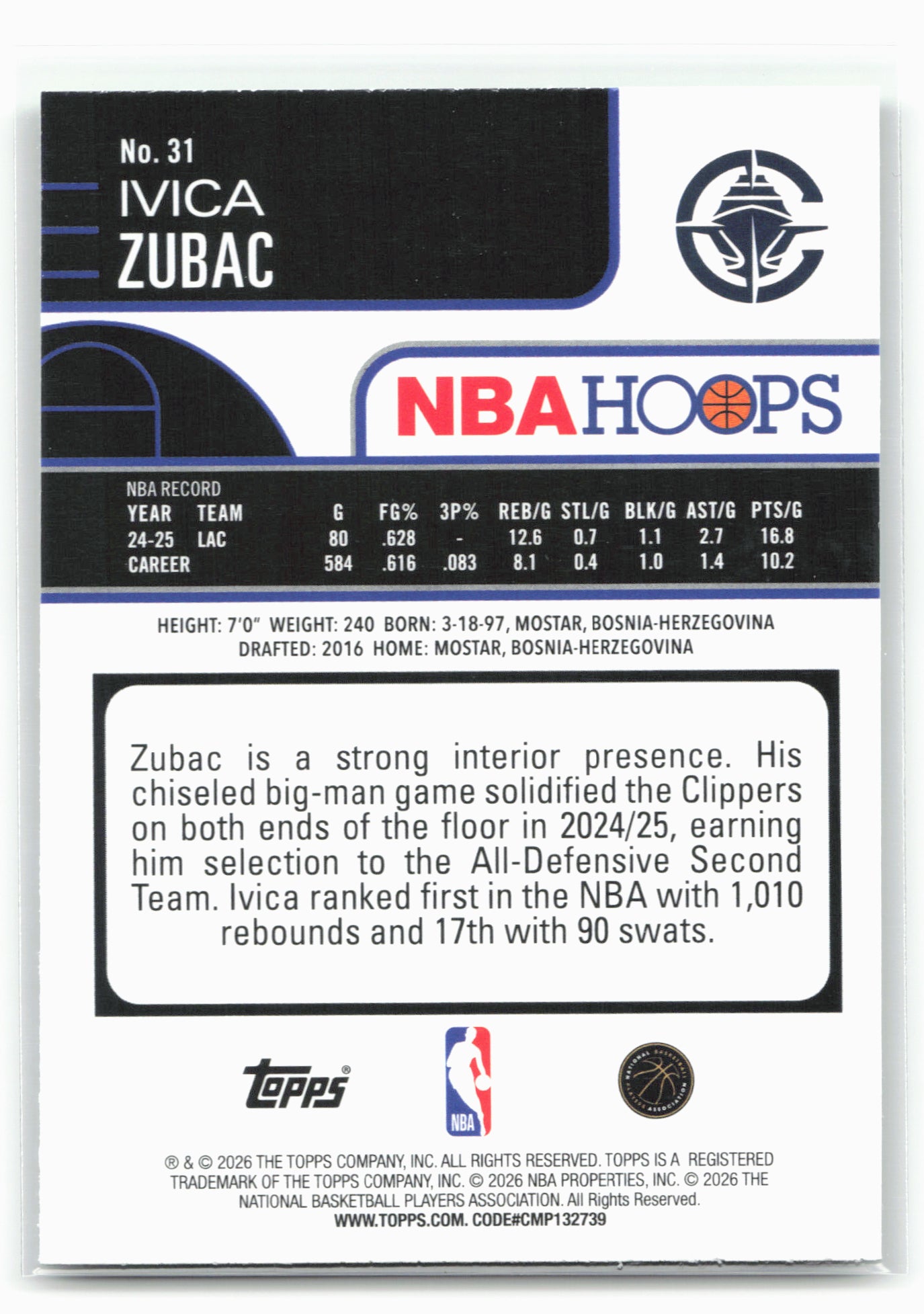 2025-26 Hoops #31 Ivica Zubac Green Hoops 29372