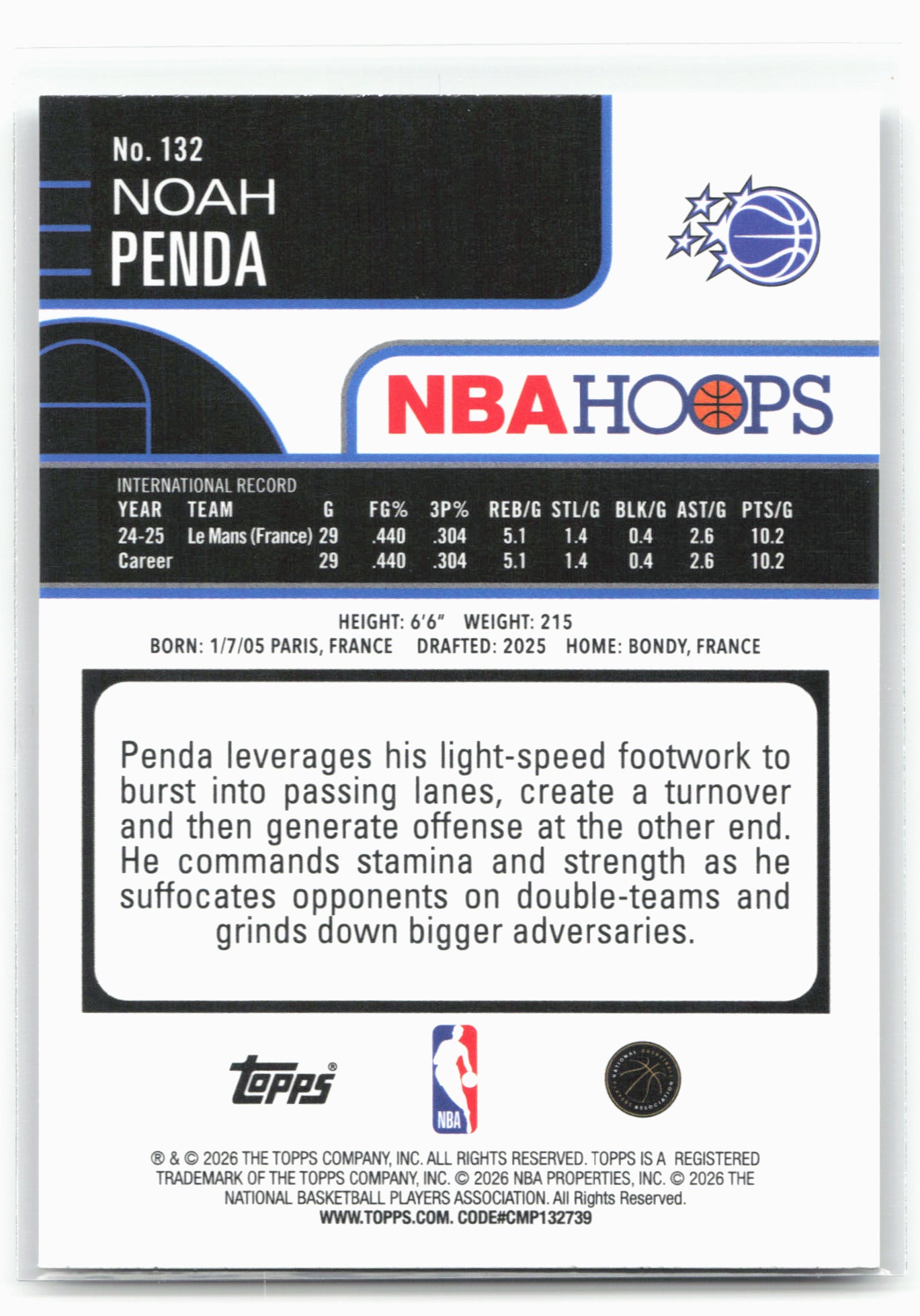 2025-26 Hoops #132 Noah Penda Pixel Burst