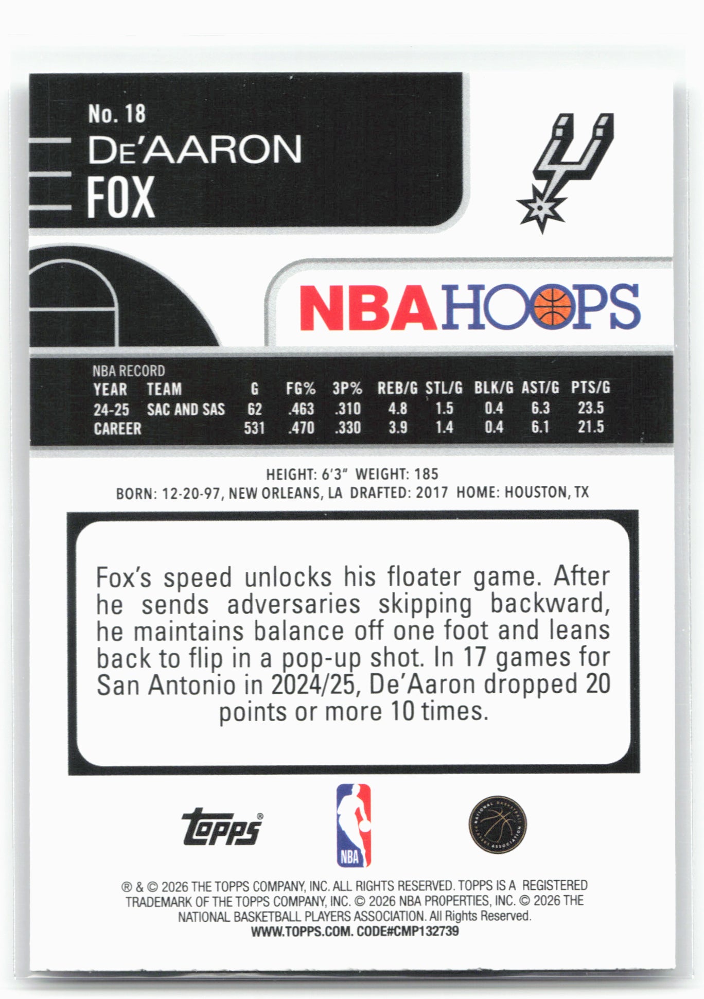 2025-26 Hoops #18 De'Aaron Fox Rainbow