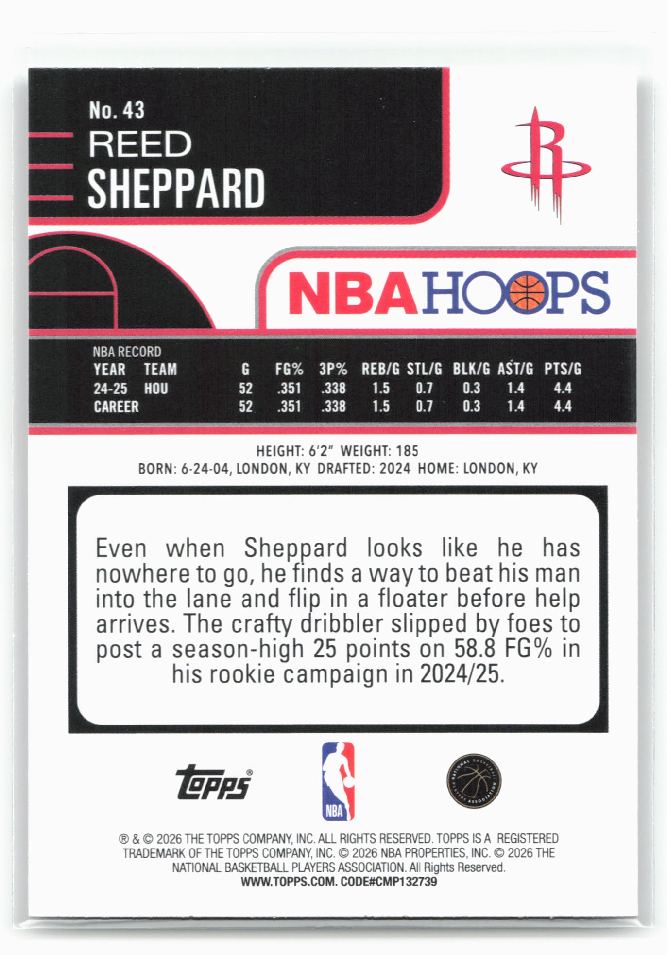 2025-26 Hoops #43 Reed Sheppard Rainbow