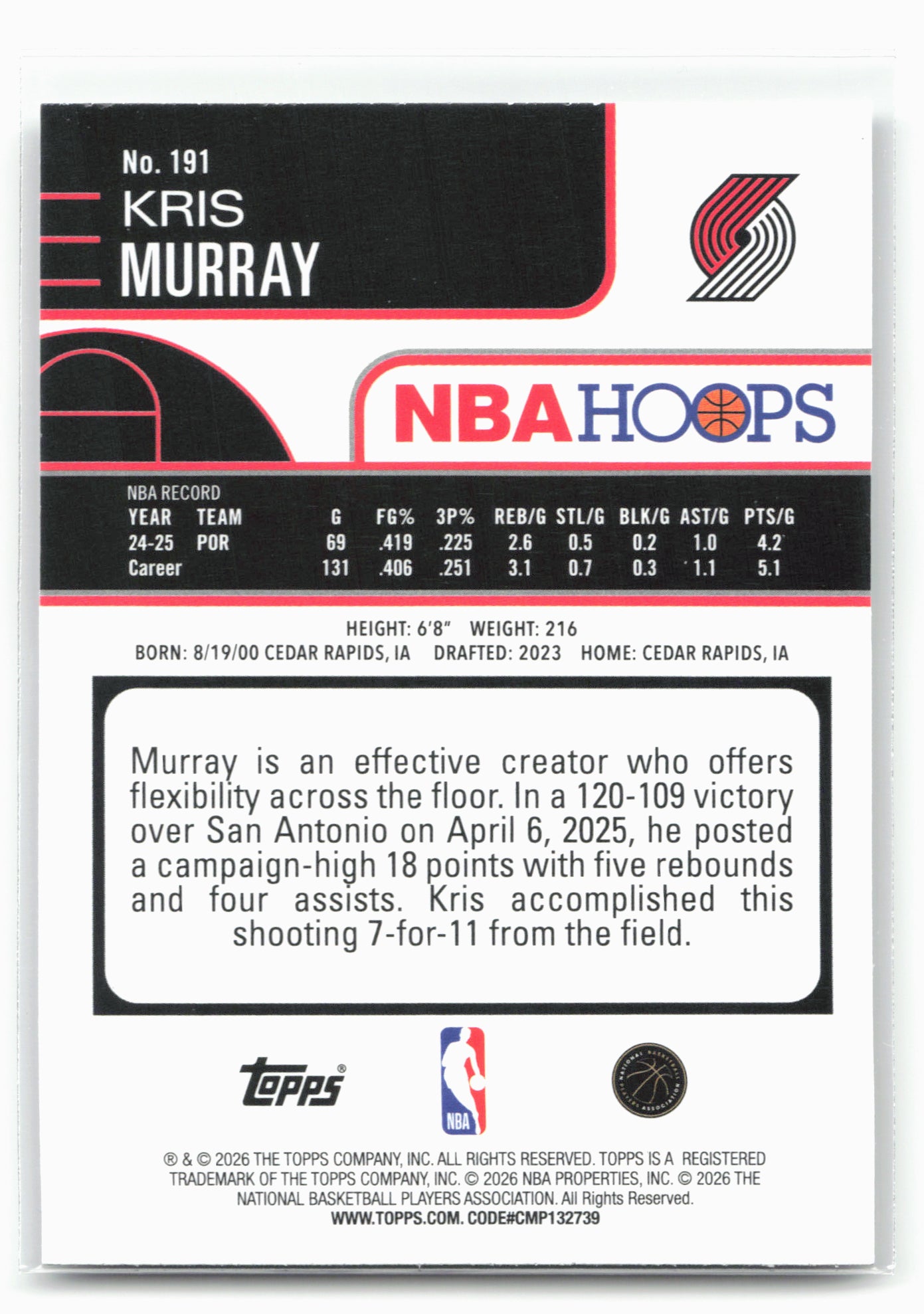 2025-26 Hoops #191 Kris Murray Rainbow