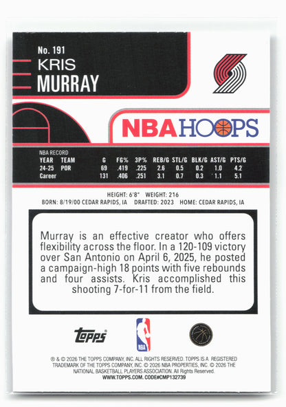 2025-26 Hoops #191 Kris Murray Rainbow