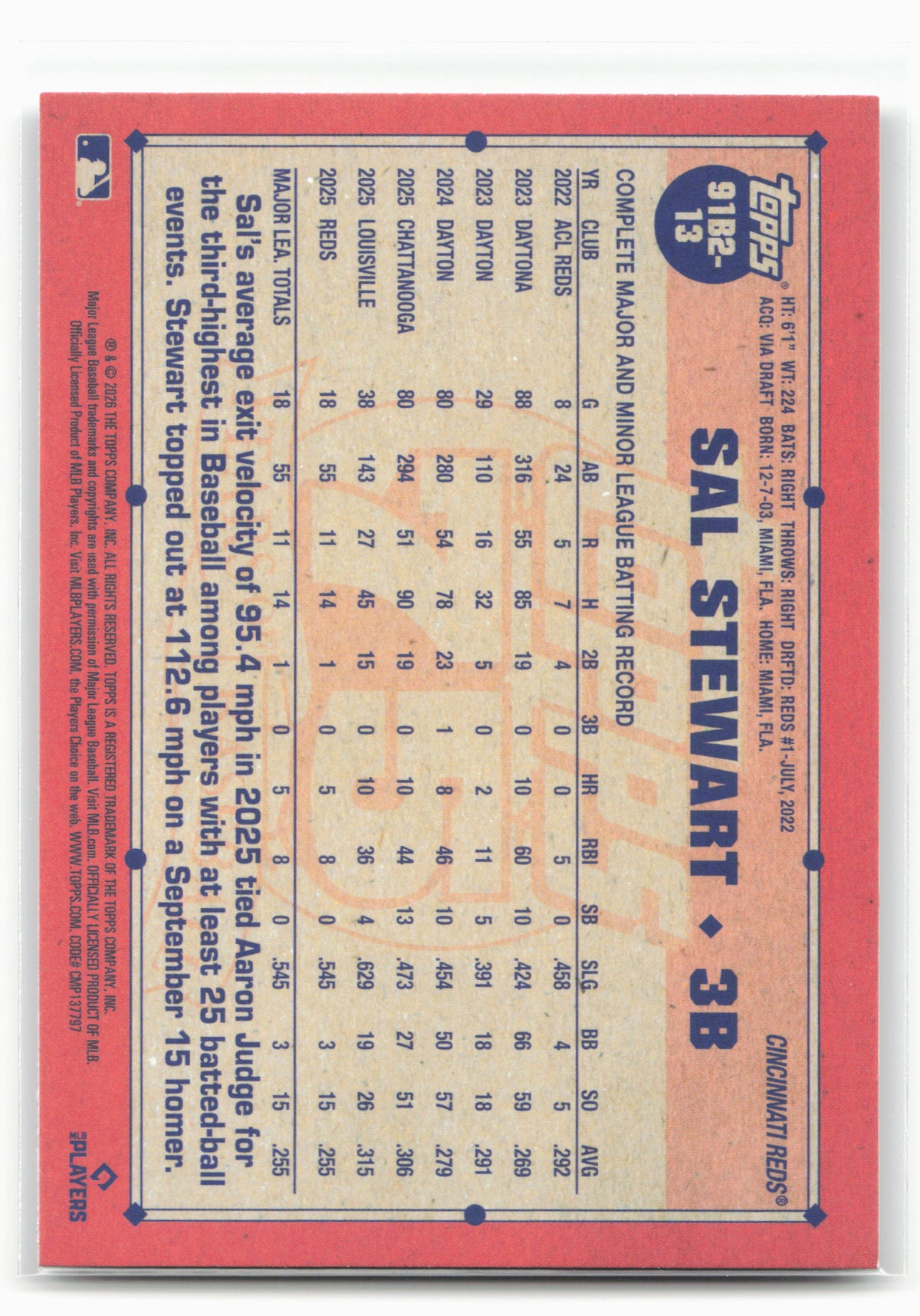 2026 Topps #91B2-13 Sal Stewart 1991 Topps Baseball 35th Anniversary