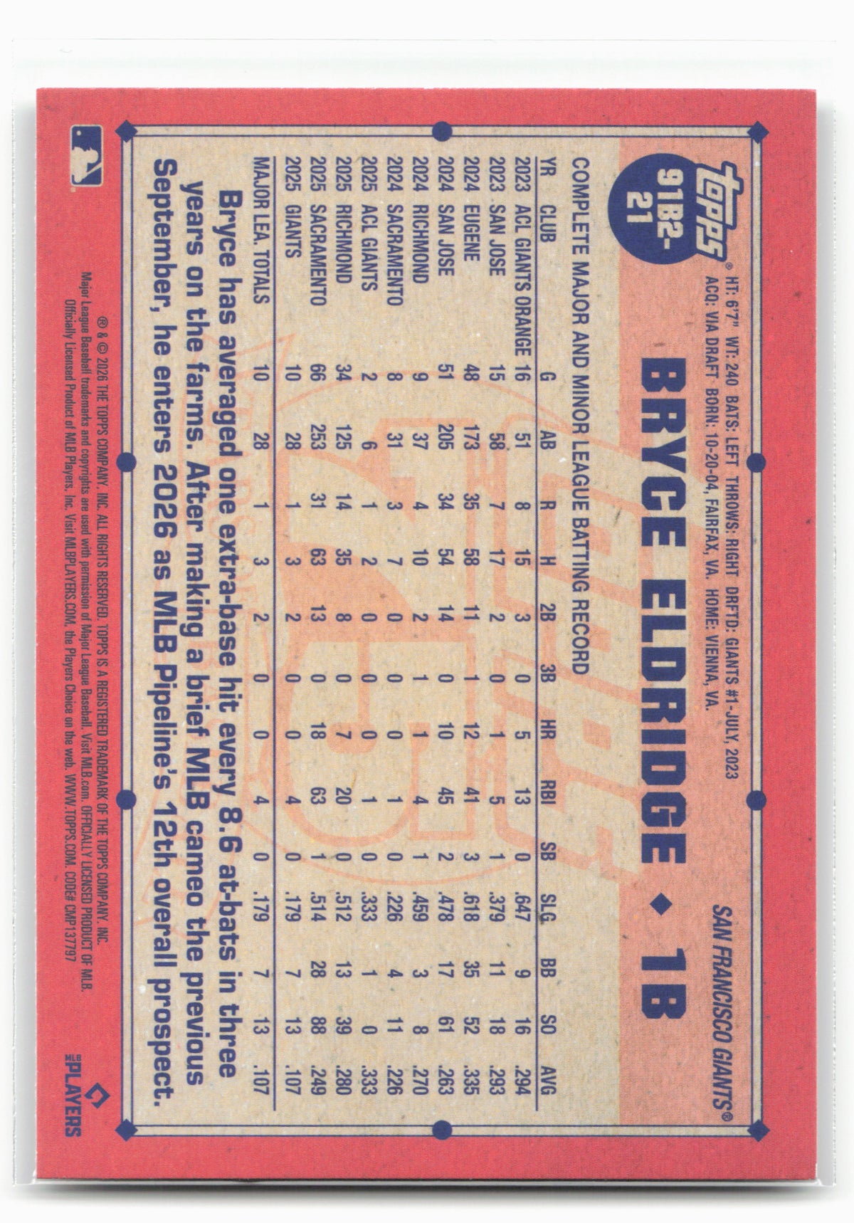 2026 Topps #91B2-21 Bryce Eldridge 1991 Topps Baseball 35th Anniversary