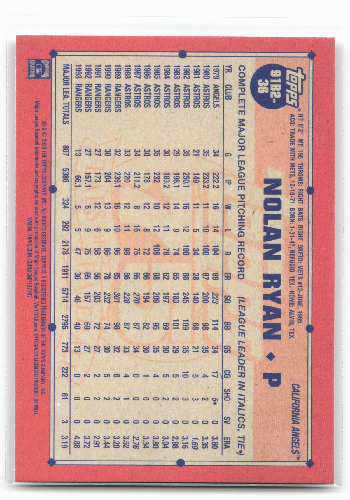 2026 Topps #91B2-36 Nolan Ryan 1991 Topps Baseball 35th Anniversary (Series Two)