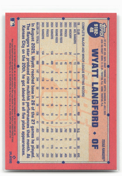 2026 Topps #91B2-48 Wyatt Langford 1991 Topps Baseball 35th Anniversary