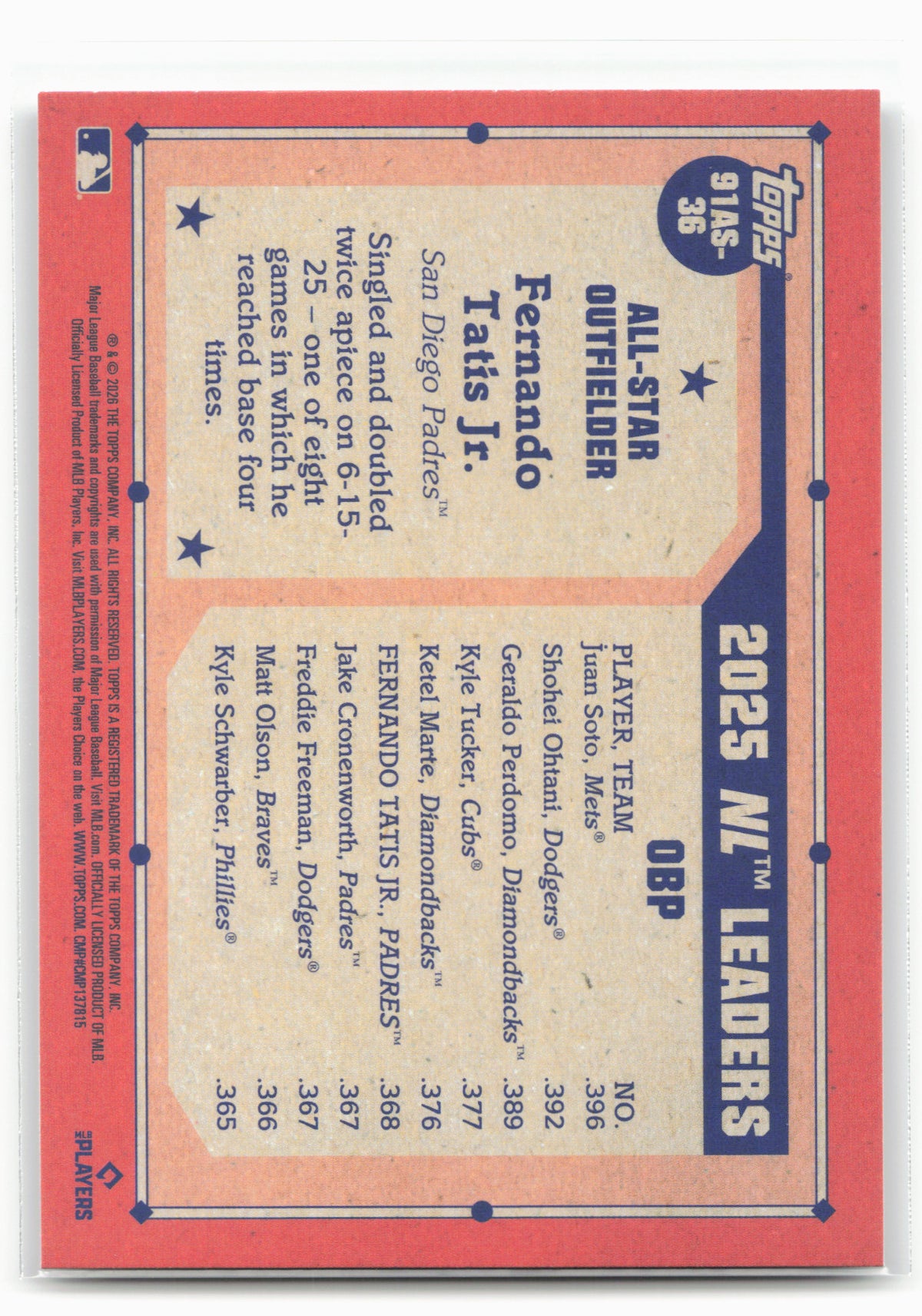 2026 Topps #91AS-36 Fernando Tatis Jr. 1991 Topps Baseball 35th Anniversary