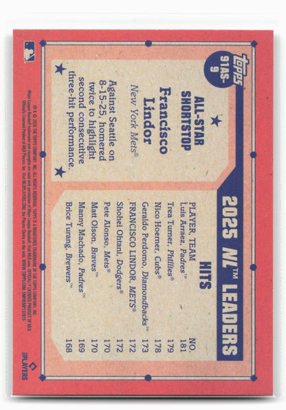 2026 Topps #91AS-9 Francisco Lindor 1991 Topps Baseball 35th Anniversary