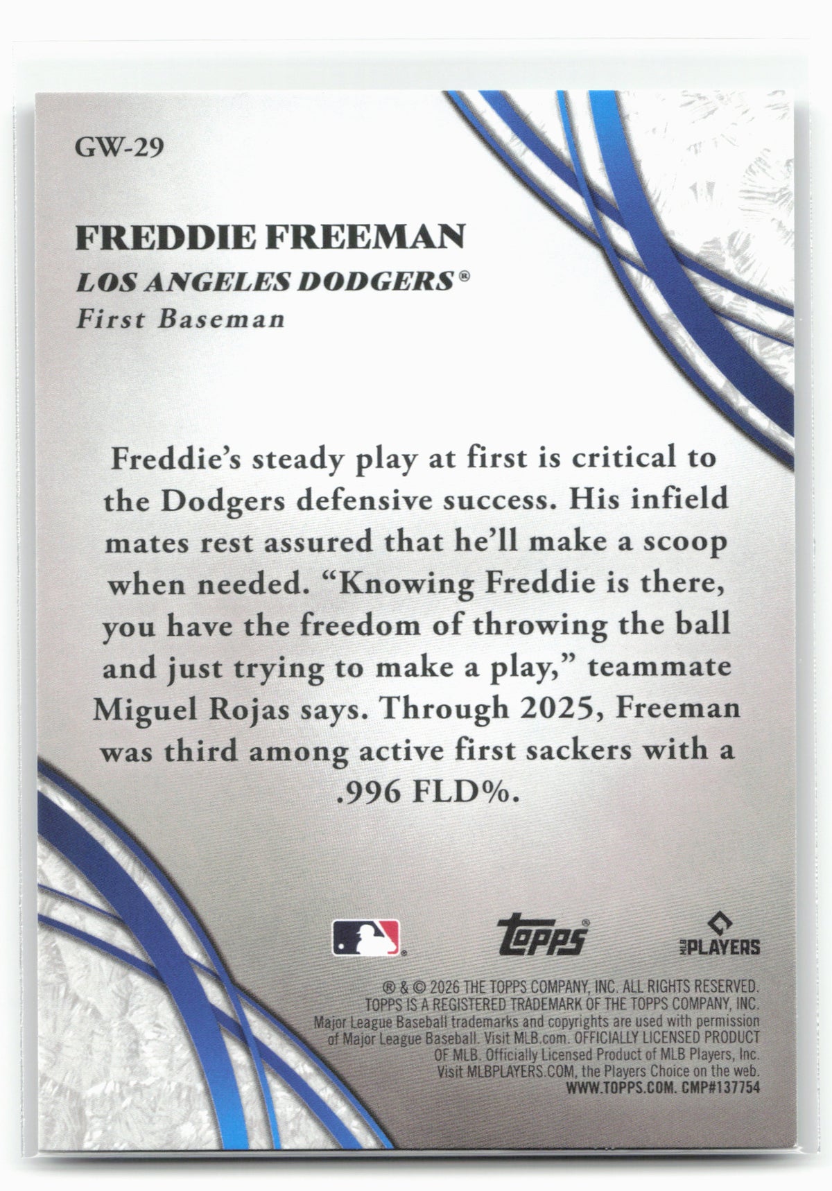 2026 Topps #GW-29 Freddie Freeman Glove Work