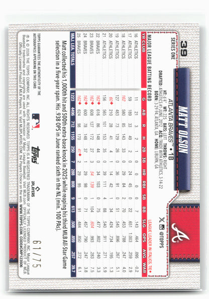 2026 Topps #39 Matt Olson Flagship Real One Autographs 75th Anniversary #/75