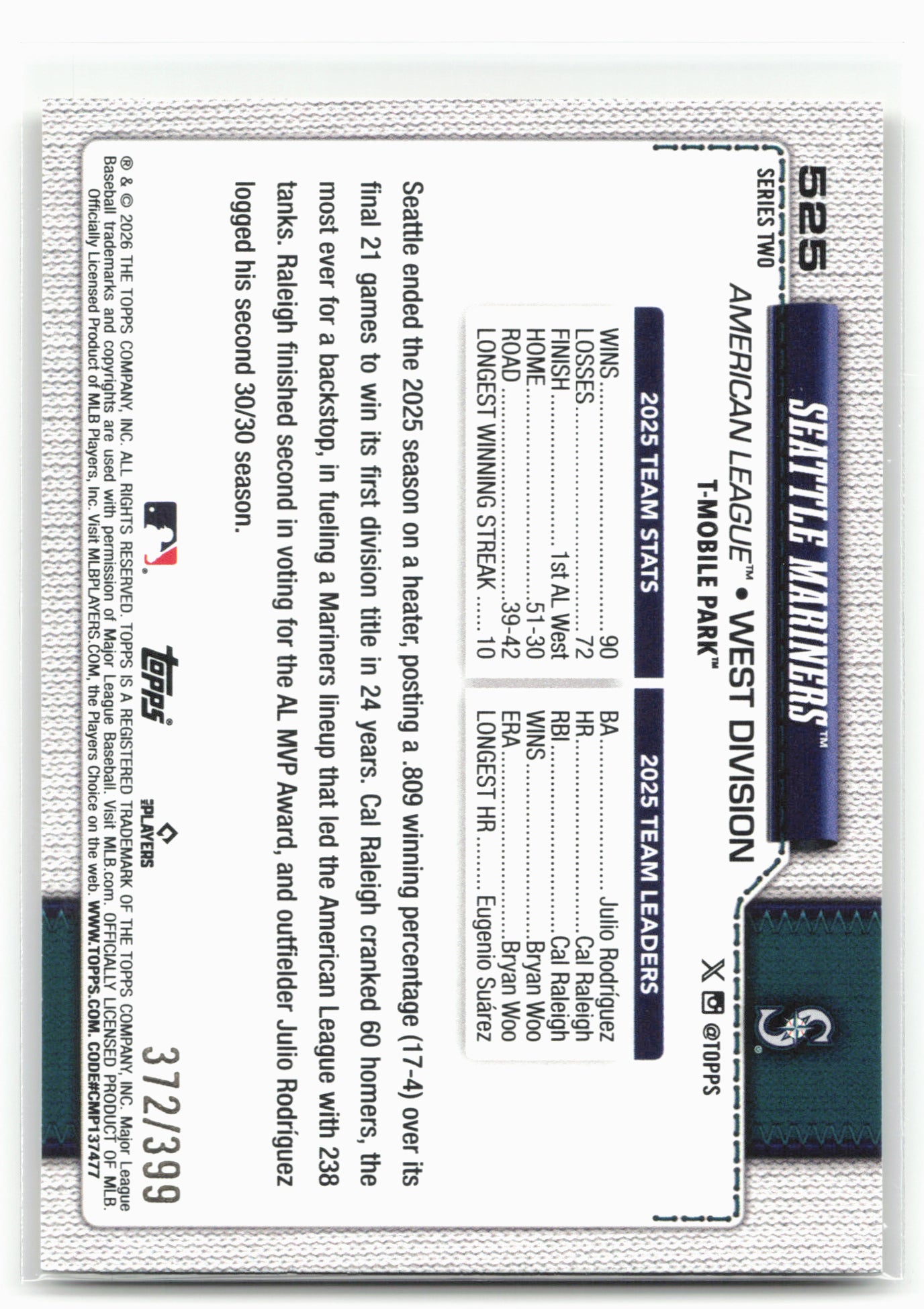2026 Topps #525 Seattle Mariners Yellow Rainbow Foil #/399