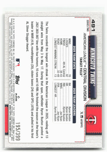 
2026 Topps #491 Minnesota Twins Yellow Holo Foil #/399