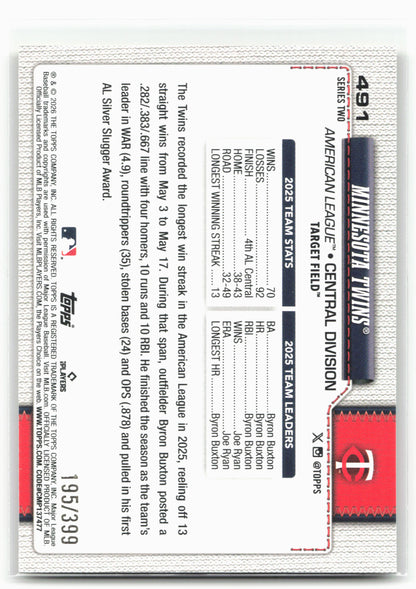 
2026 Topps #491 Minnesota Twins Yellow Holo Foil #/399