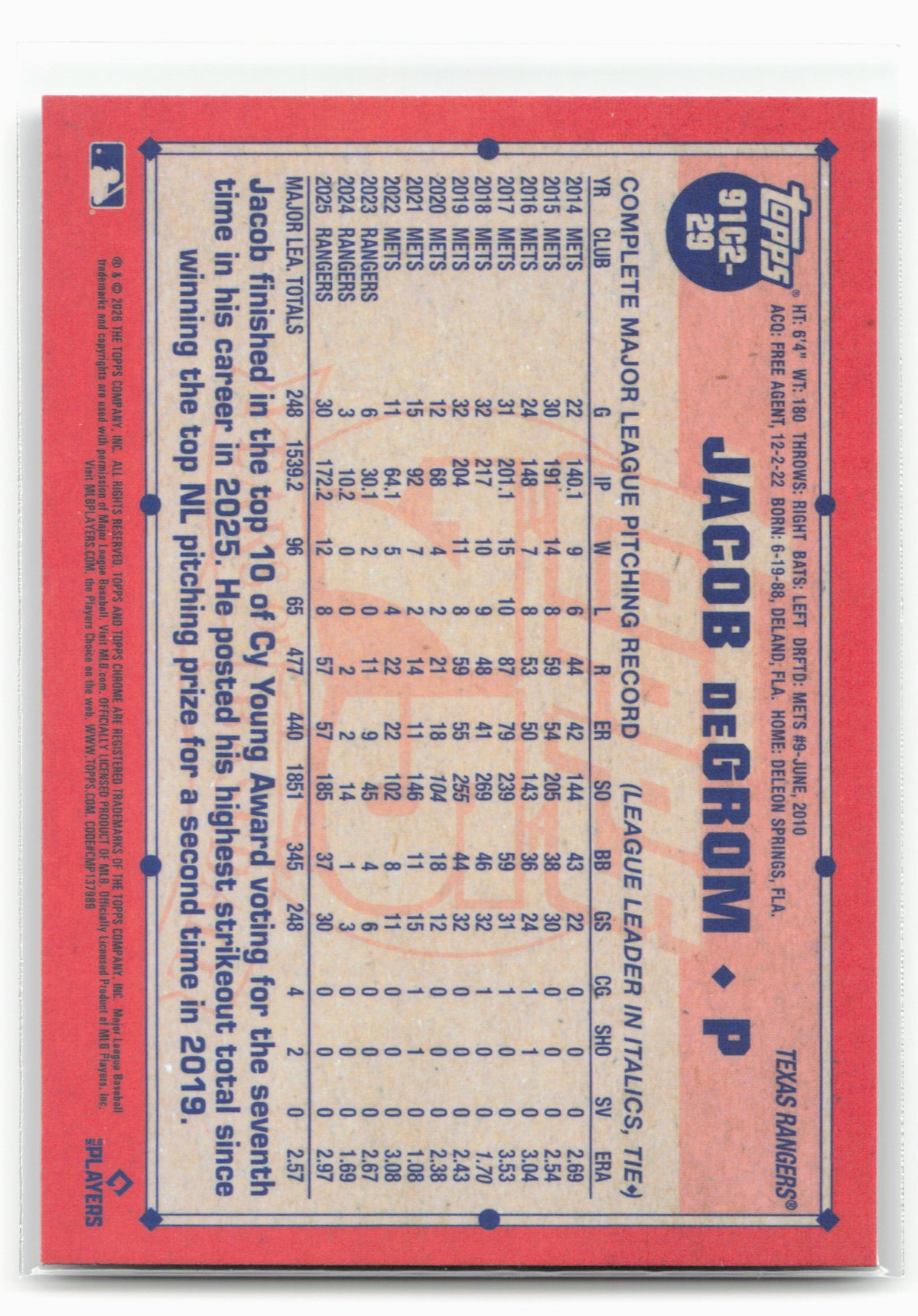 2026 Topps #91C2-29 Jacob deGrom 1991 Topps Baseball 35th Anniversary Chrome
