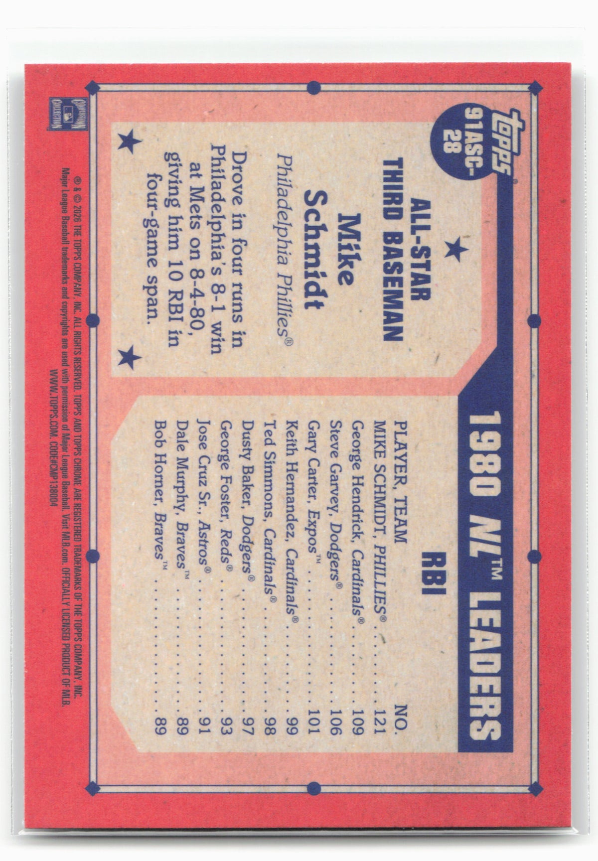 2026 Topps #91ASC-28 Mike Schmidt 1991 Topps Baseball 35th Anniversary Chrome