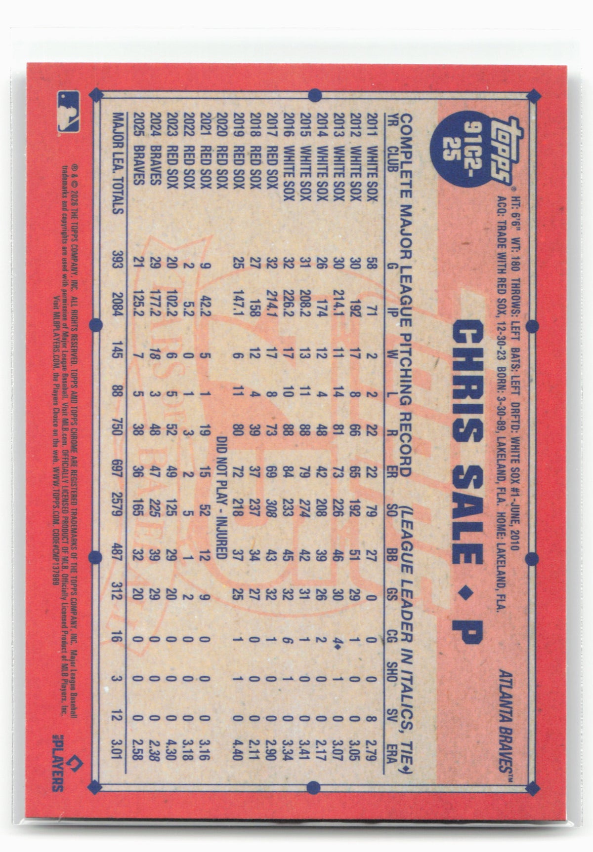 2026 Topps #91C2-25 Chris Sale 1991 Topps Baseball 35th Anniversary Chrome