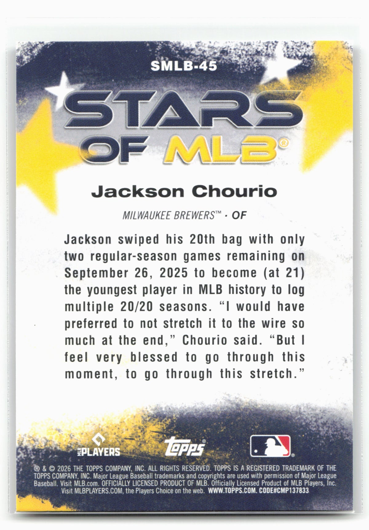 2026 Topps #SMLB-45 Jackson Chourio Stars of MLB