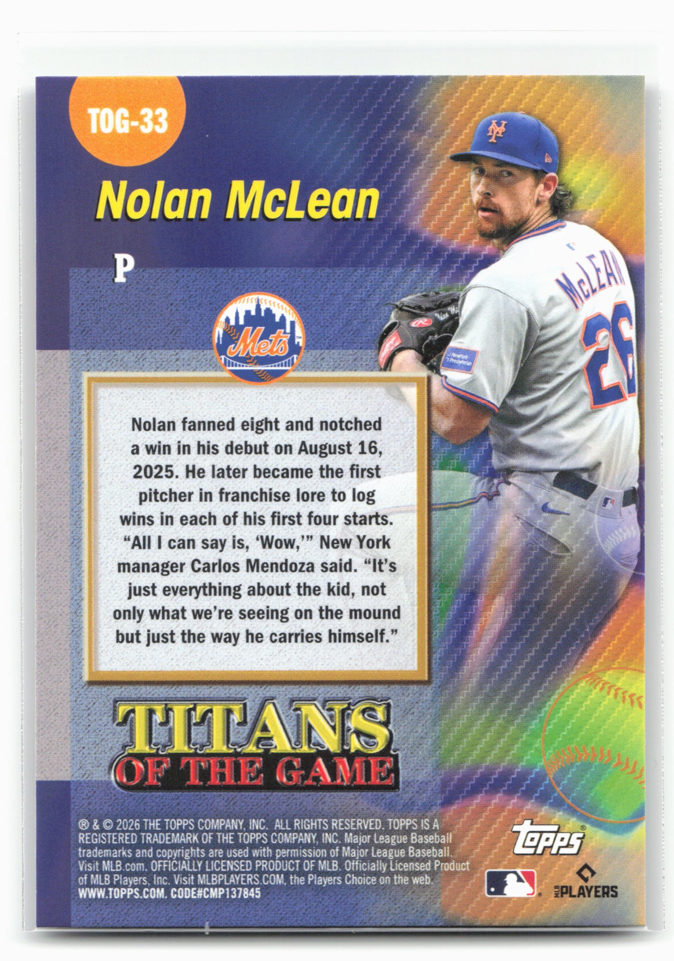 2026 Topps #TOG-33 Nolan McLean Titans of the Game