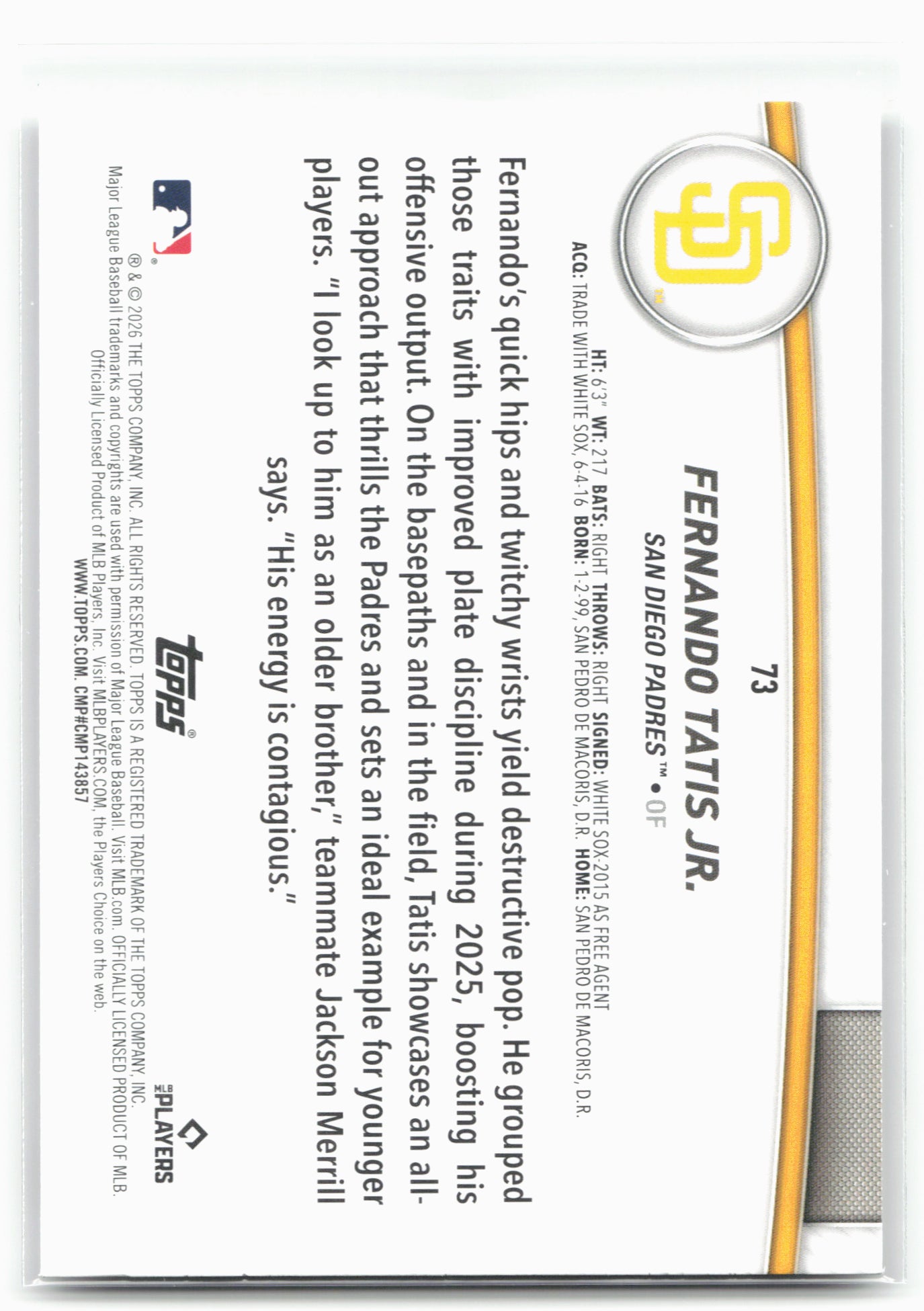 2026 Topps #73 Fernando Tatis Jr. Flagship Collection (Series Two)