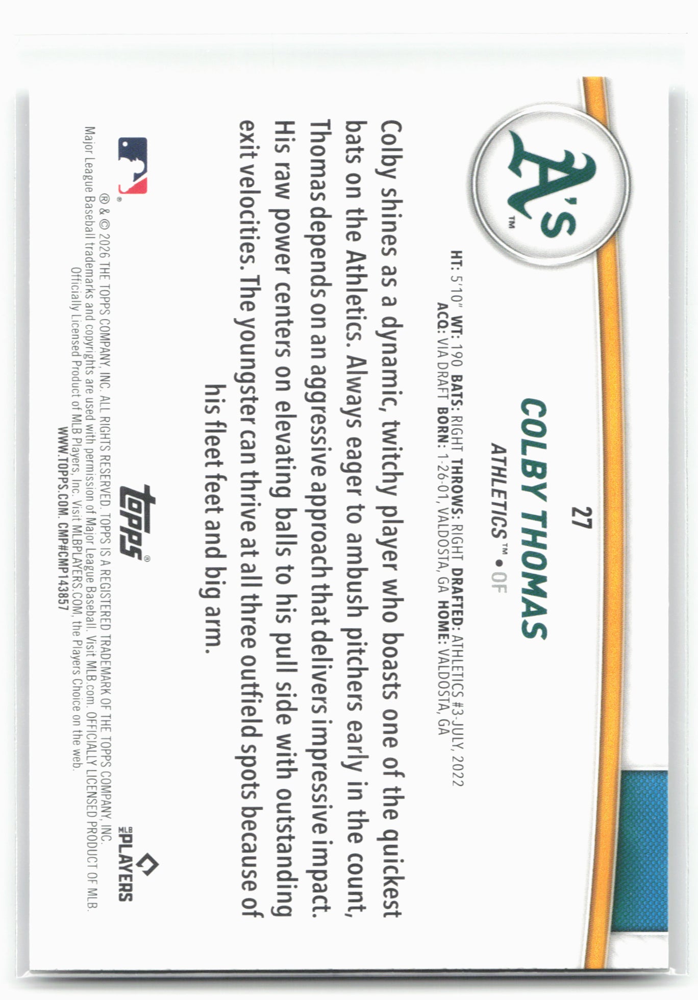 2026 Topps #27 Colby Thomas Flagship Collection (Series Two)