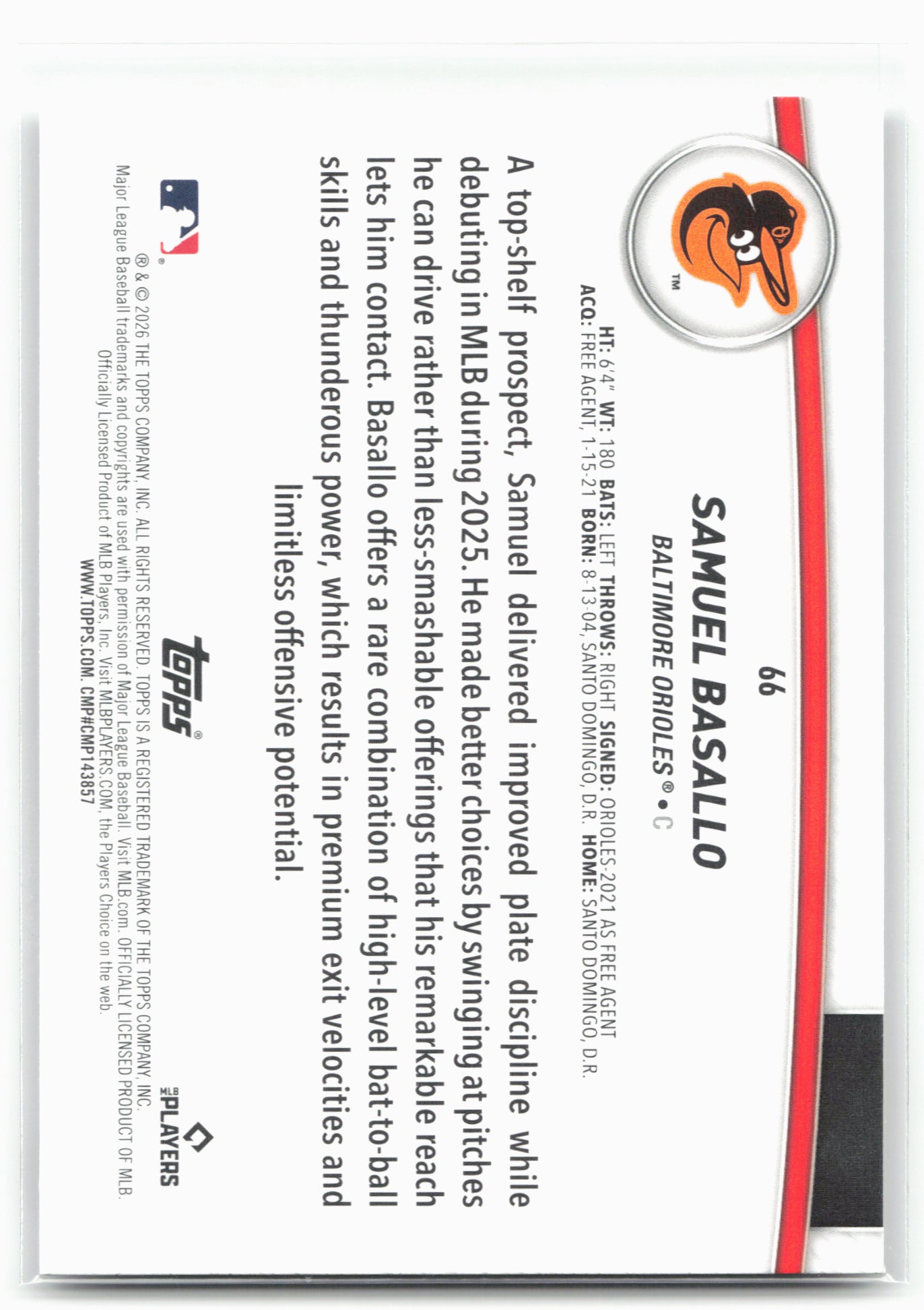 2026 Topps #66 Samuel Basallo Flagship Collection (Series Two)