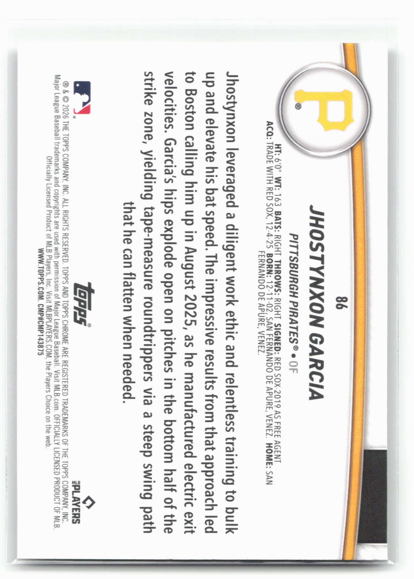 2026 Topps #86 Jhostynxon Garcia Flagship Collection Chrome (Series Two)