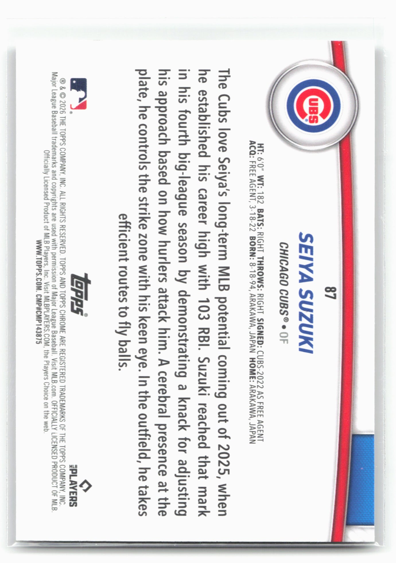 2026 Topps #87 Seiya Suzuki Flagship Collection Chrome (Series Two)