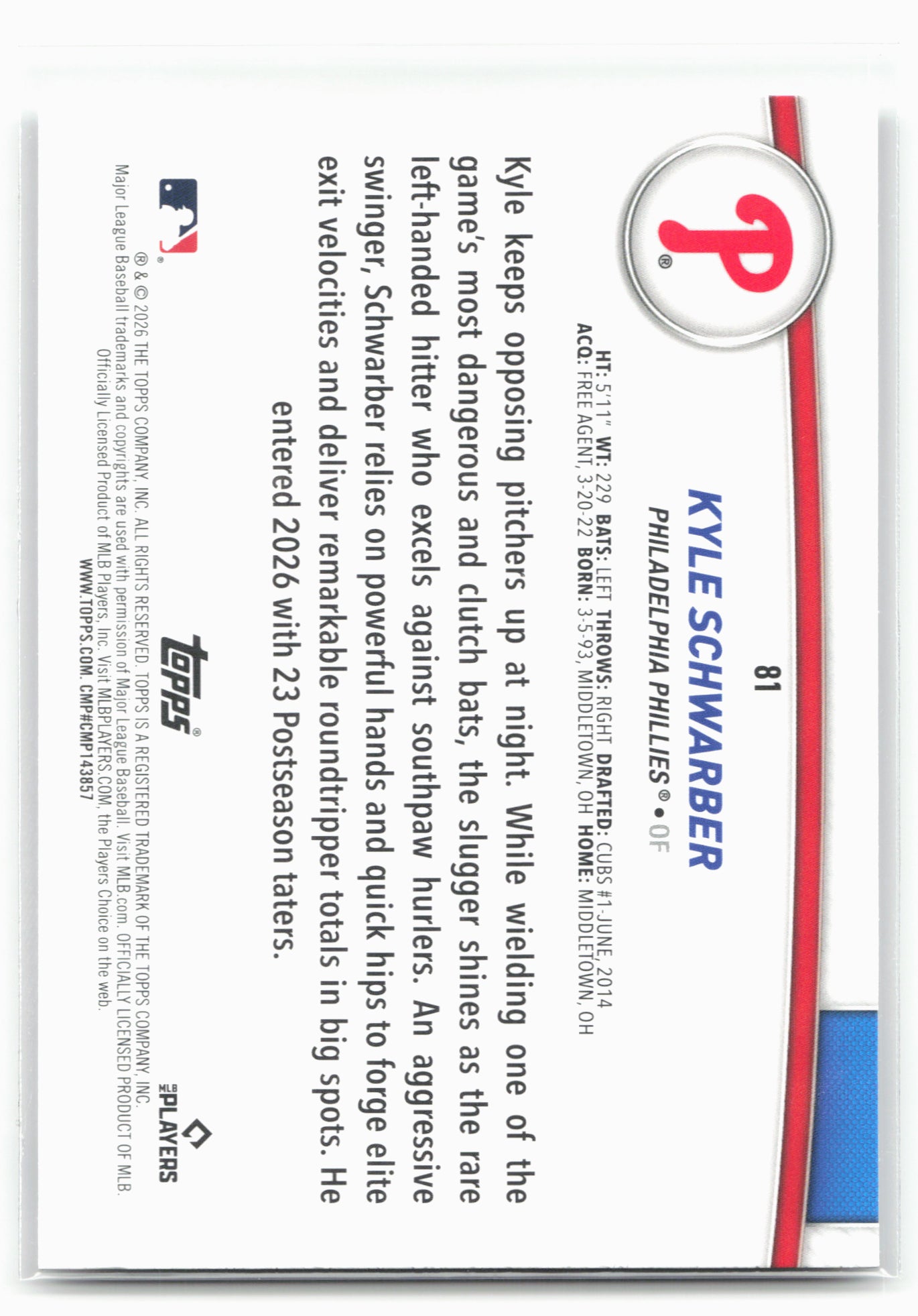 2026 Topps #81 Kyle Schwarber Flagship Collection (Series Two)