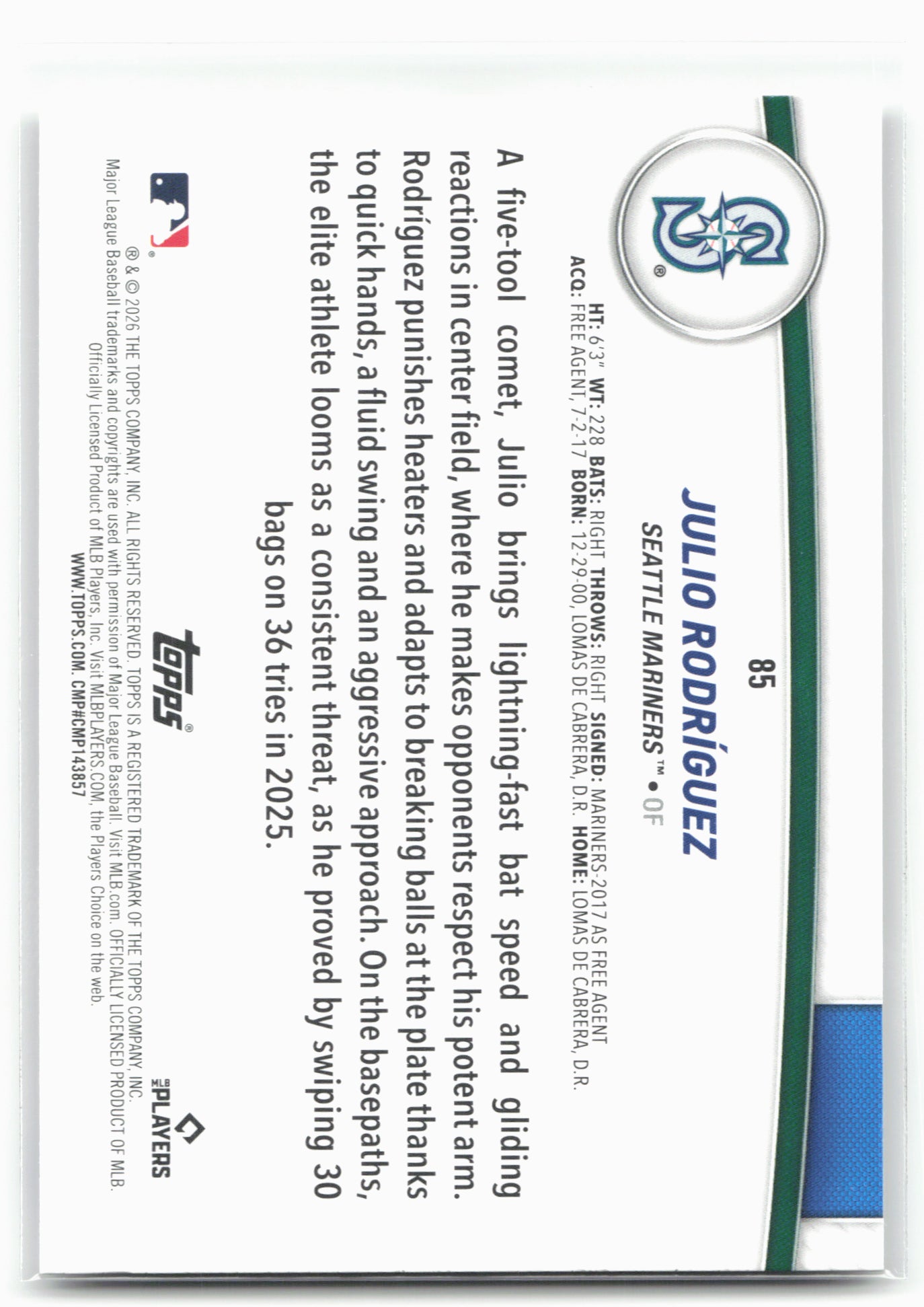 2026 Topps #85 Julio Rodríguez Flagship Collection (Series Two)