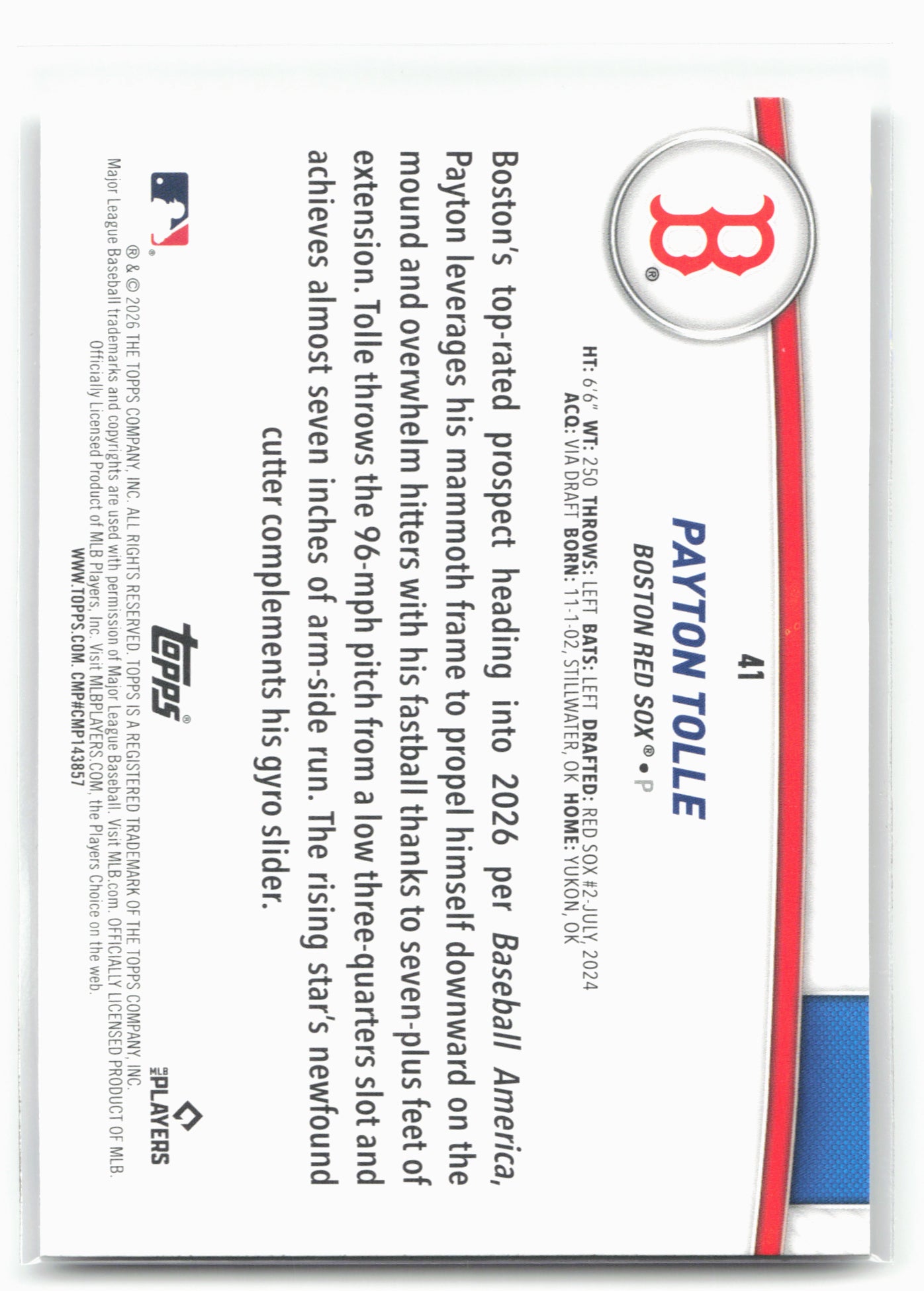 2026 Topps #41 Payton Tolle Flagship Collection (Series Two)