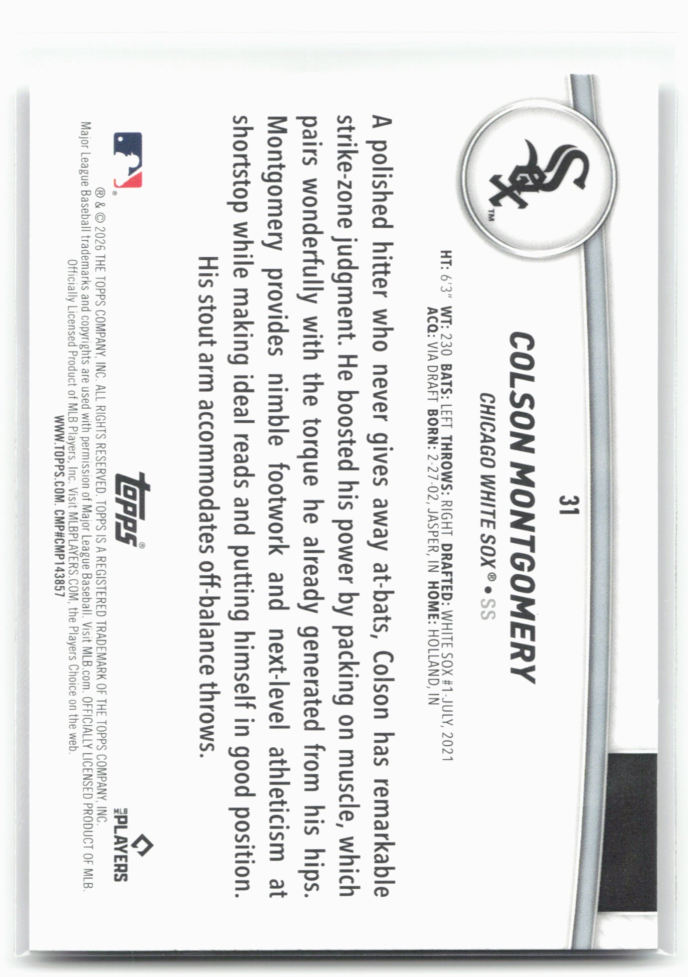 2026 Topps #31 Colson Montgomery Flagship Collection (Series Two)