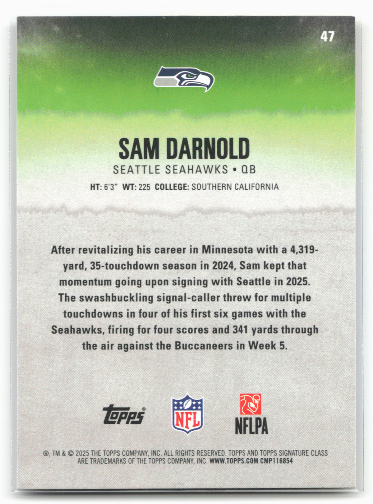 2025 Topps Signature Class #47 Sam Darnold Blue & Yellow