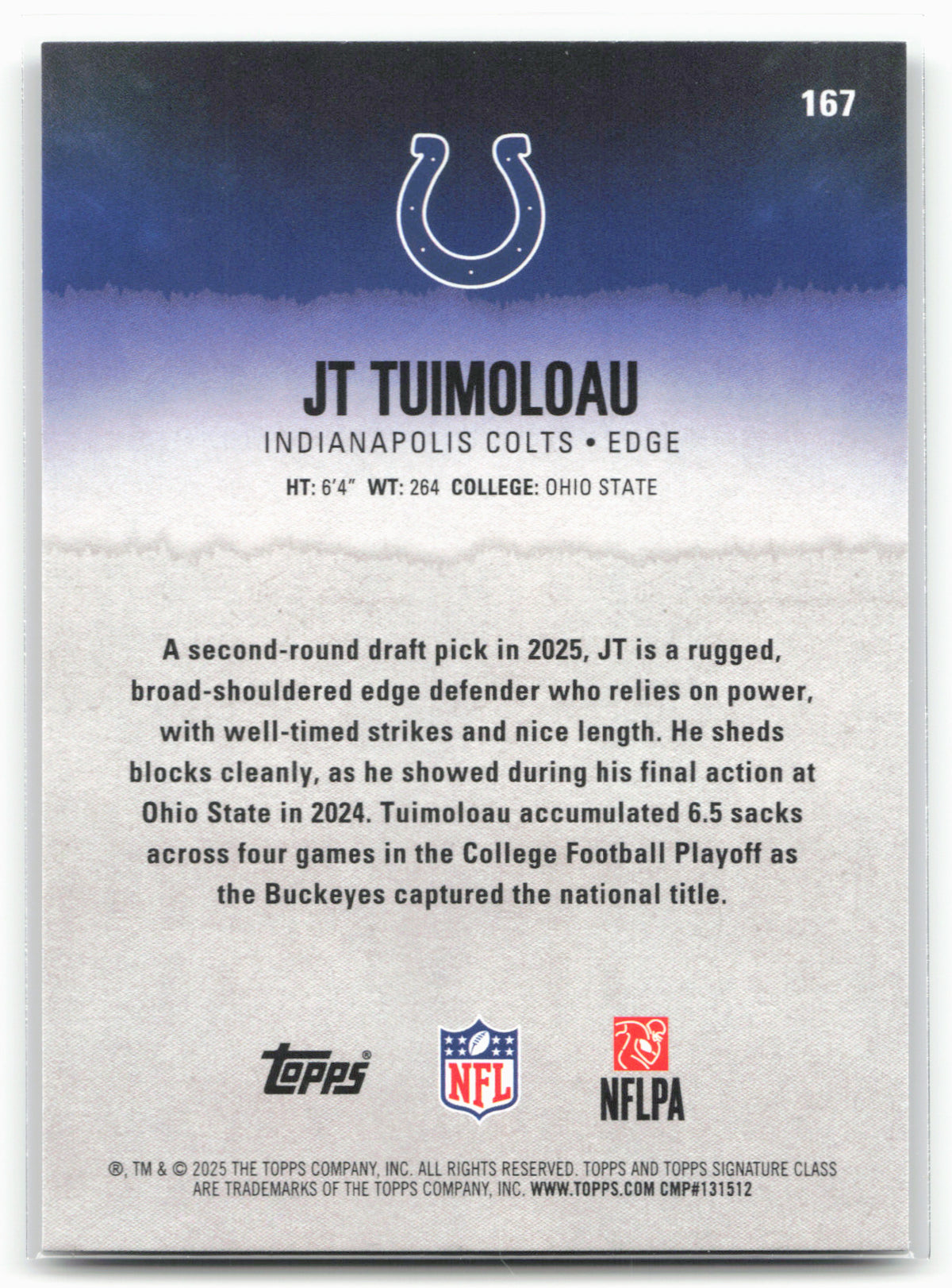2025 Topps Signature Class #167 JT Tuimoloau Green & Purple