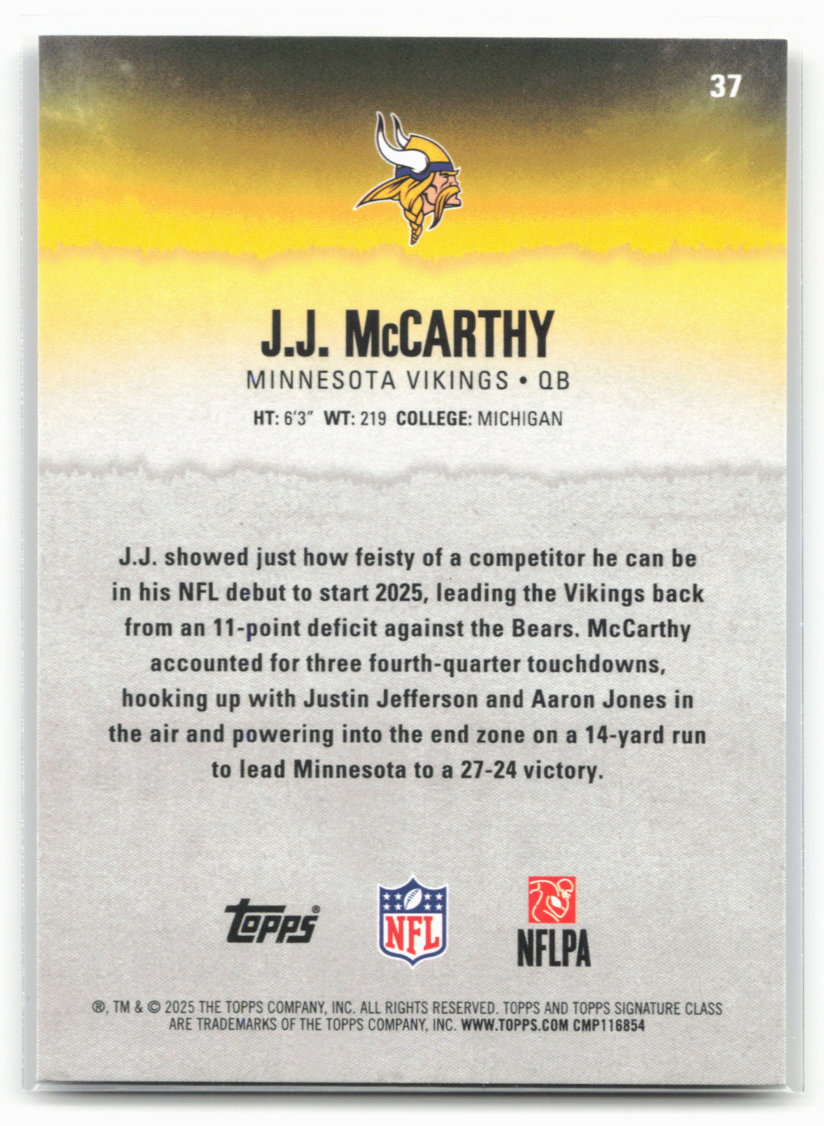 2025 Topps Signature Class #37 J.J. McCarthy Blue & Yellow