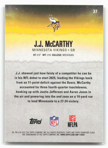 
2025 Topps Signature Class #37 J.J. McCarthy Blue & Yellow